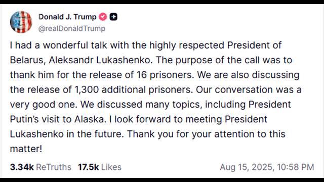 米ベラルーシ首脳が電話会談　トランプ氏　米ロ会談を前に「非常に有意義」