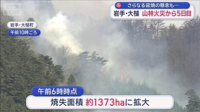 さらなる延焼の懸念も…　岩手・大槌　山林火災から5日目