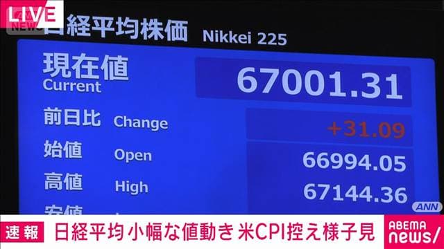日経平均株価は小幅な値動き　米CPI控え　積極的な売買見送り