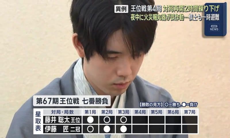 王位戦第４局 藤井王位対伊藤二冠 対局会場ホテルで夜中に火災報知器誤作動…棋士も一時避難