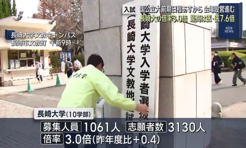 ２５日から国公立大学の前期日程試験　長崎大学は募集人員１０６１人に対し３１３０人が志願