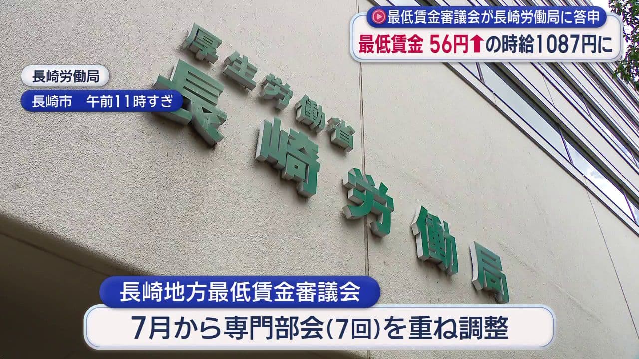 最低賃金を「56円」引き上げ時給「1087円」に 最低賃金審議会が長崎労働局に答申