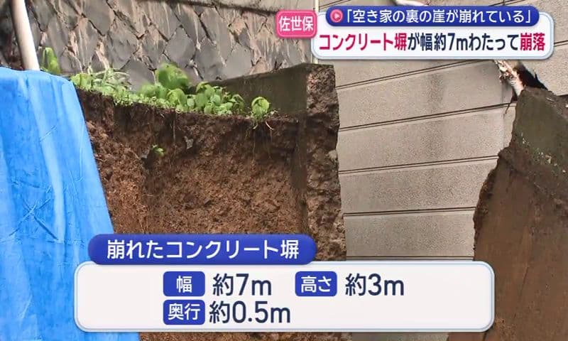 コンクリート塀が幅７ｍにわたって崩落 「空き家の裏の壁が崩れている」佐世保市