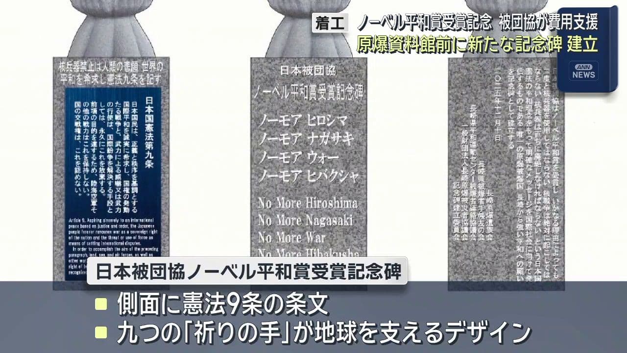 憲法９条の条文と地球を支える九つの「祈りの手」　日本被団協ノーベル平和賞受賞記念碑の工事始まる